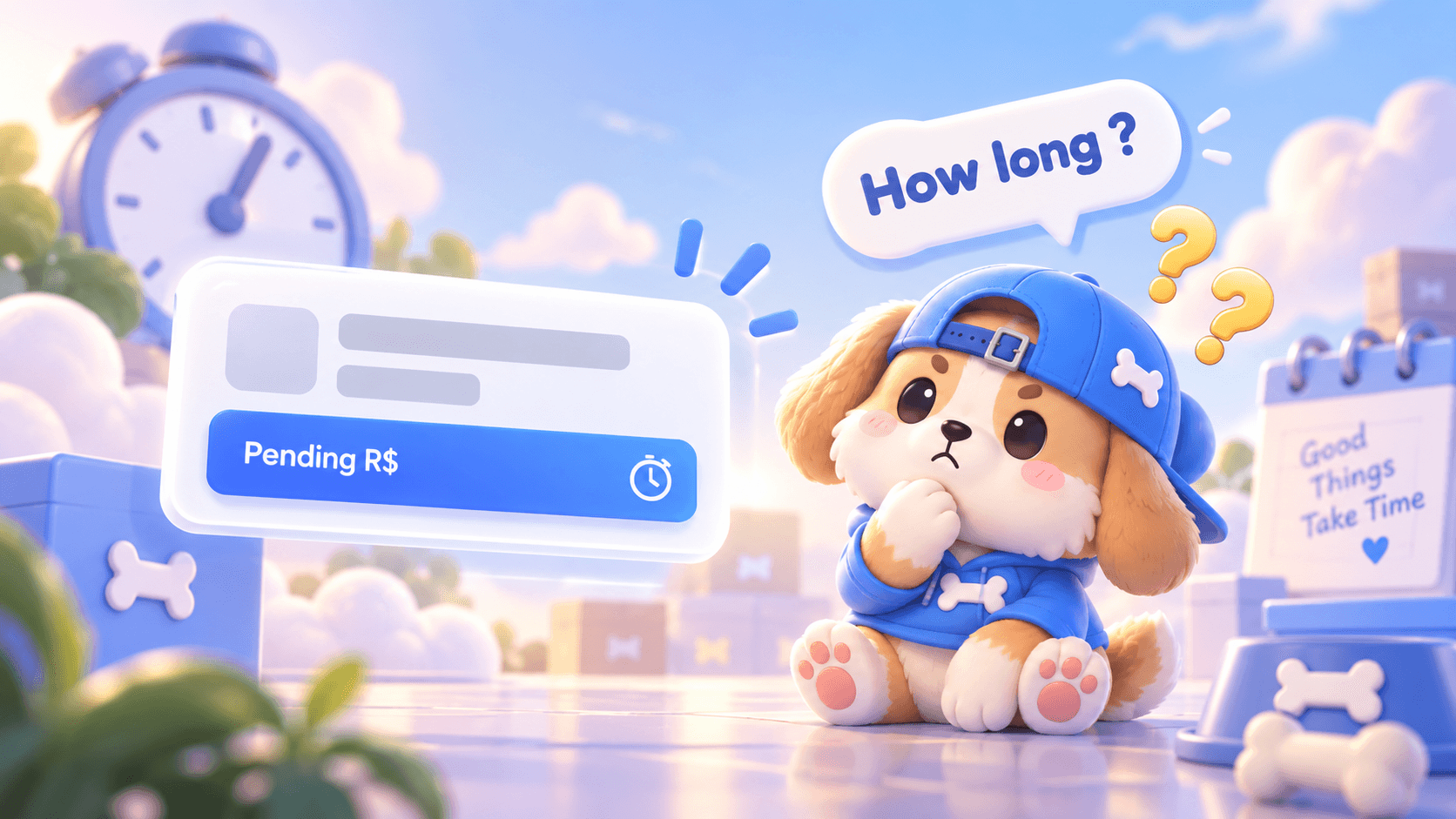 Puppy mascot wondering how long Pending R$ takes
